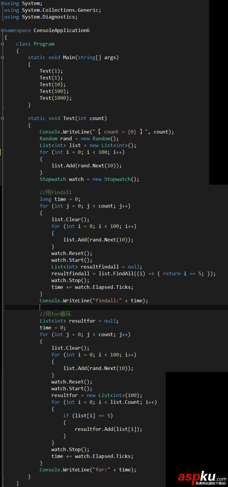 c#中list.FindAll與for循環的性能對比總結 list,for循環,c,findall,list.findall