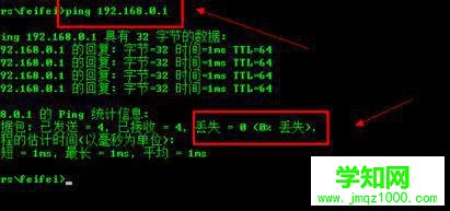 輸入命令“ping 192.168.0.1”