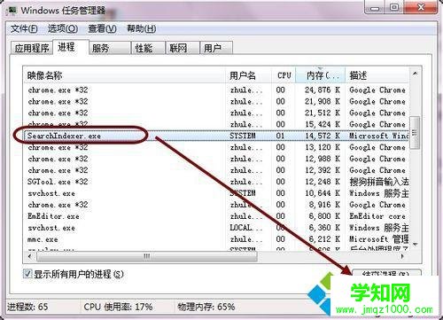 找到searchindexer.exe進(jìn)程 找到searchindexer.exe進(jìn)程