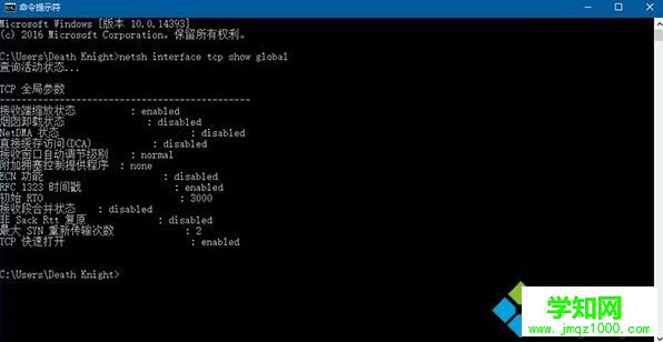 輸入命令：netsh interface tcp show global