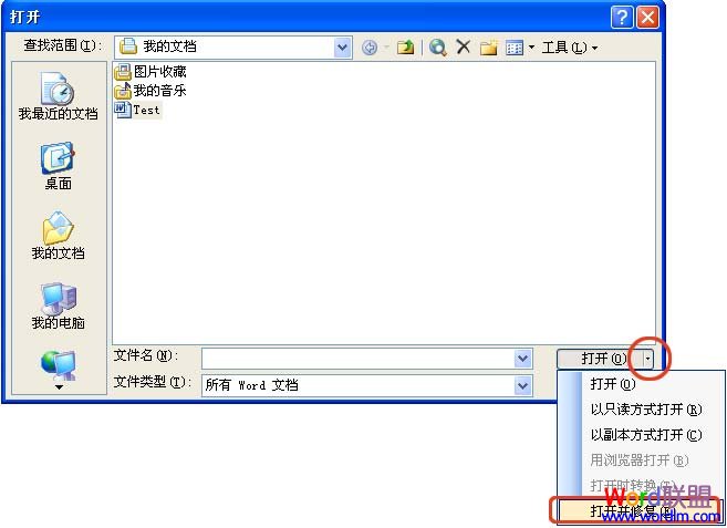 “打開”對話框 手動修復Word文檔損壞的九大技巧