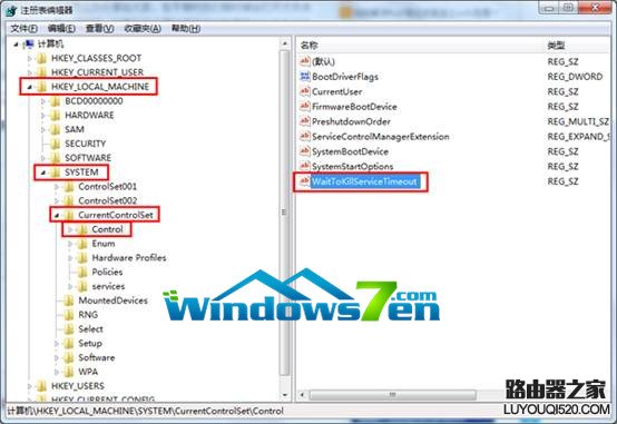 圖2 打開Control選中“WaitToKillServiceTimeout” 圖2 打開Control選中“WaitToKillServiceTimeout”