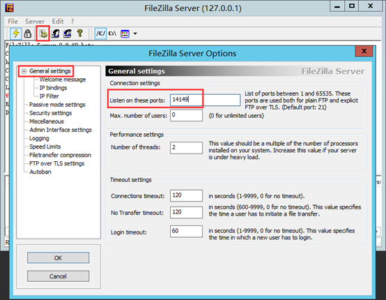 配置FileZilla Server的基本設(shè)置（General settings）