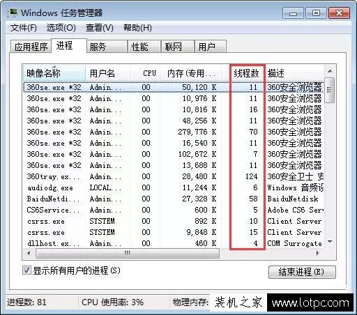 Win7系統在任務管理器中如何查看進程的線程數