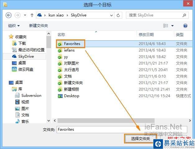 選中在Skydrive中新建的Favorites文件夾