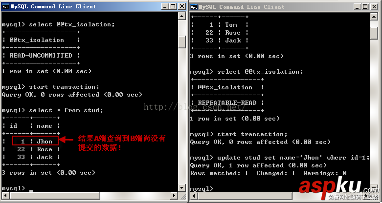 mysql 詳解隔離級別操作過程(cmd) mysql,隔離,詳解隔離級別操作過程,隔離級別操作過程
