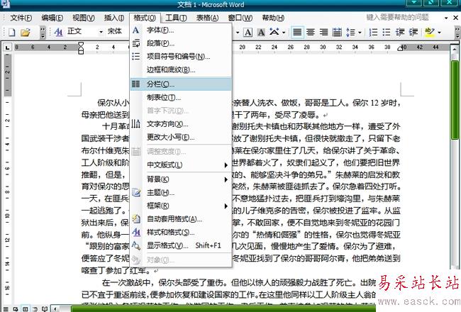 選擇格式中的分欄