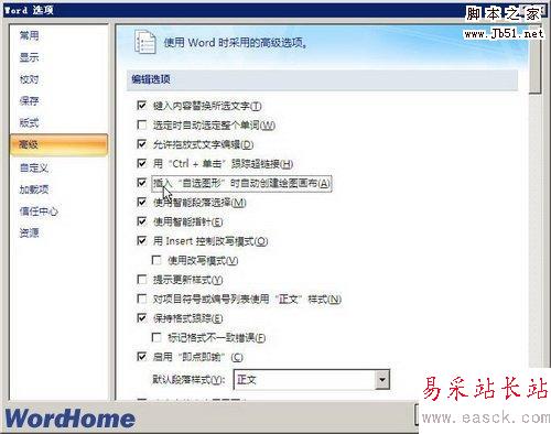 選中插入自選圖形時(shí)自動(dòng)創(chuàng)建繪圖畫布復(fù)選框