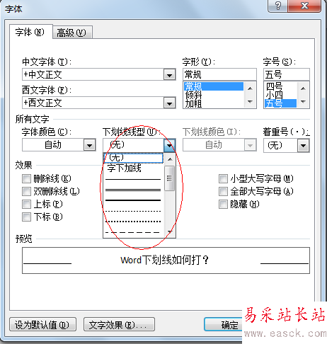 Word2010字體下劃線線型
