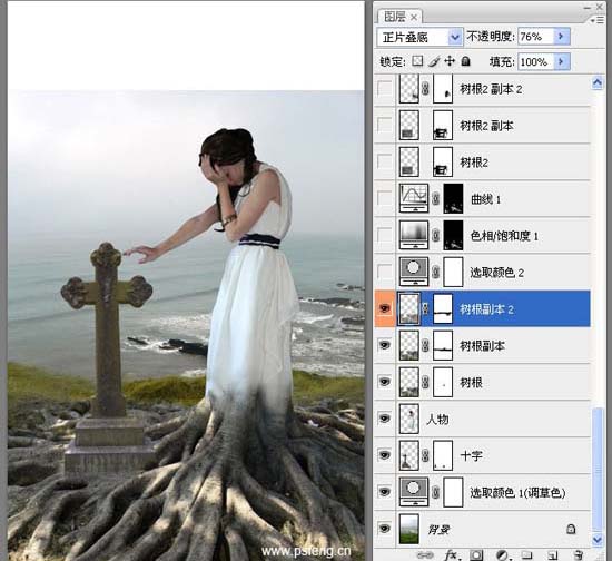 photoshop合成實例:十字墓碑旁的枯樹美女-webjx