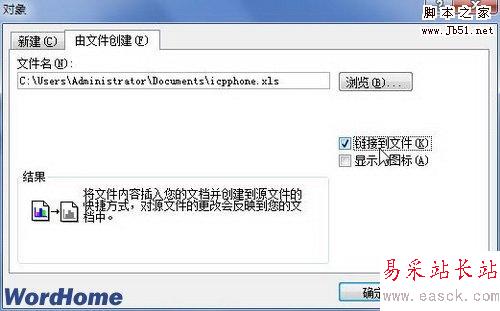 選中鏈接到文件復選框