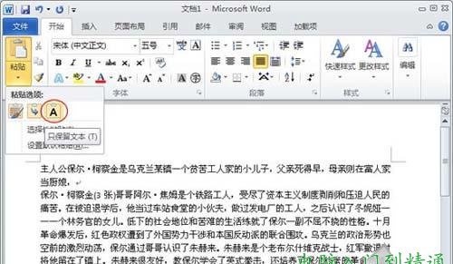 在粘貼選項中“A”圖標只保留文本