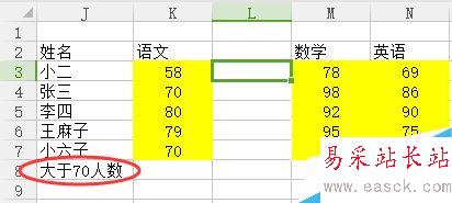 Excel中如何求單科成績大于70分的人數